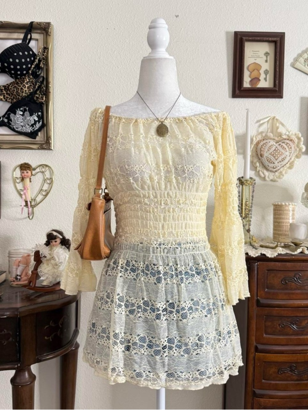 dainty coquette fairy grunge sheer cream lace off the shoulder flare sleeve top